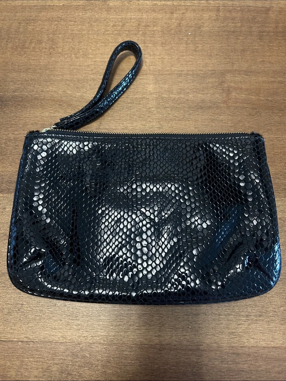 Kelly Wynne Black Calf Hair Leather Wristlet Clutch Bag
